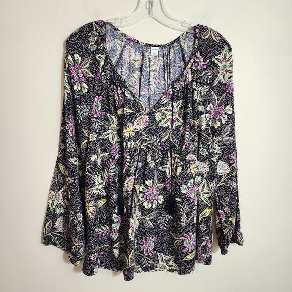 Old Navy NWT floral print vneck tassel tie front peasant blouse woman's size L - Picture 12 of 12